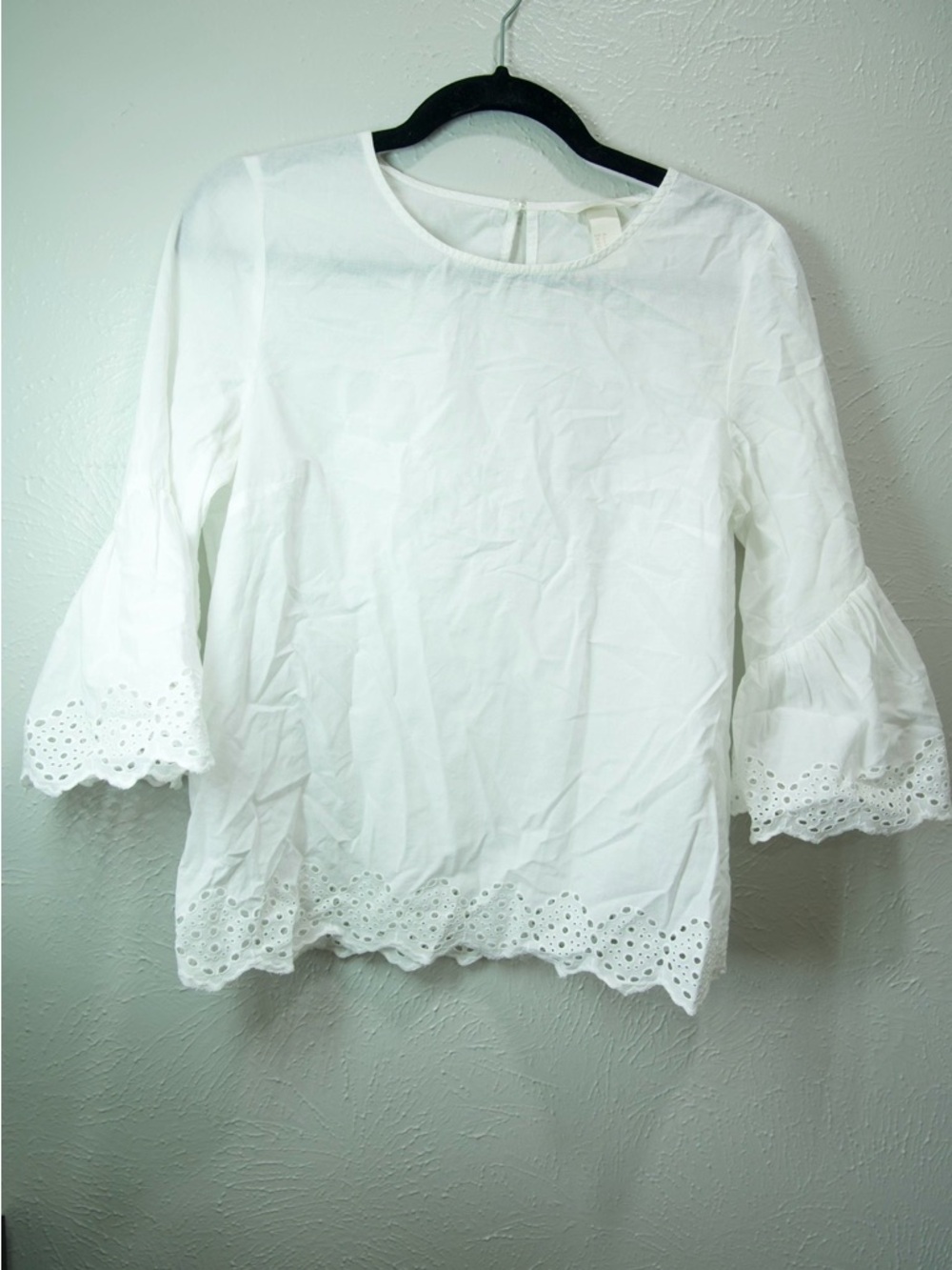 H&M White Eyelet Hem Bell Sleeve Blouse